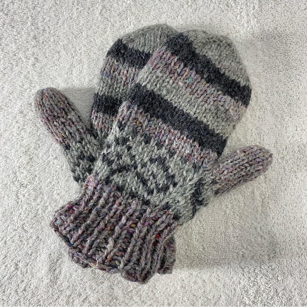 Grey Purple Wool Knit Mitts Fleece Lined Mittens